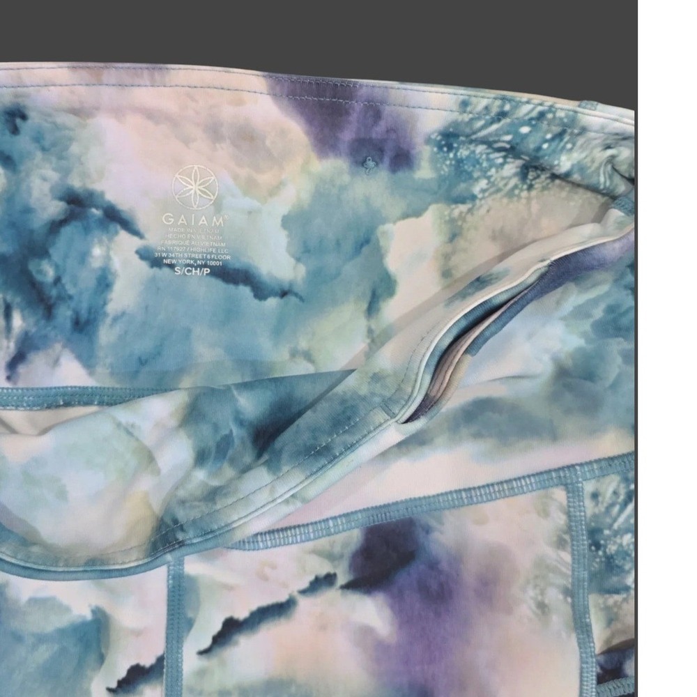 Gaiam Womens High Waisted Yoga Leggings Blue Purple Watercolor Print Pockets S - Picture 5 of 11
